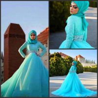Wholesale 2018 New Hijab Wedding Dresses Arabic Blue Tulle Lace Crystal Bridal Gowns A Line Sweep Train Long Sleeve Muslim Wedding Dresses Custom Made