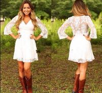 Wholesale Modest Short Lace Cowgirls Country Wedding Dresses with Long Sleeves Knee Length Bohemian Bridal Gowns Reception Dress for Garden