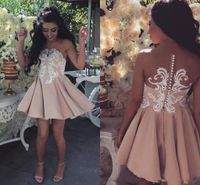Wholesale New Nude Short Mini A Line Homecoming Dresses Jewel Neck Illusion White Lace Appliques Button Back Cocktail Dresses Party Prom Gowns