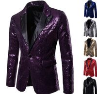 Wholesale Mens Shining Sequin Blazer Suit Jacket for Host One Button Blazer Coat Cocktail Party Banquet Prom S XXL gold blue red black silver purple