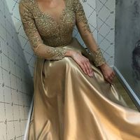 Wholesale Sexy Elegant Women Formal Party Dresses sheer illusion neck Plus Size Arabic Muslim Gold lace Long Sleeves Evening Prom Dresses Gown