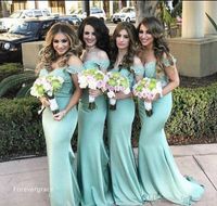 Wholesale 2019 Elegant Mint Green Mermaid Bridesmaid Dress Vintage Lace Top Off the Shoulder Wedding Guest Maid of Honor Gown Plus Size Custom Made