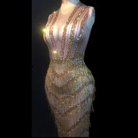 Wholesale Women Sexy Stage Wear Bling Long Dress Gold Tassel Sparkling Crystals Costumes Nightclub Wedding Party Stage Dance