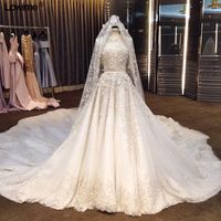 Wholesale Luxuury D Flowers Ball Gown Wedding Dresses Long Sleeves Arabic Dubai Plus Size Bridal Gown With Crystal Beaded With Veils