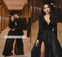 Wholesale 2019 Black Prom Evening Dress Elegent Satin Long Sleeve Formal Party Ball Gown Plus Size Deep V Neck Pageant Dresses Custom Made
