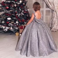 Wholesale 2020 Sparkly Silver Sequin Ball Gown Girls Pageant Dresses With Back Bow Floor Length Kids Formal Flower Girl Gowns