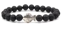 Wholesale 8mm dh3d ball elastic thread adjusted nature black stone volcanic lava bead Metal fish Bracelet Reiki Chakra Fashion Jewelry
