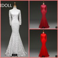 Wholesale Vestido De Novia mermaid white red lace high neck modest wedding dress long sleeve muslim women cheap modest wedding gowns hot sale