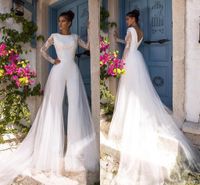 Wholesale Boho Beach Modest Long Sleeve Jumpsuits Wedding Dress With Detachable Train Lace Bohemian Wedding Dress Bridal Gowns Vestido De Noiva