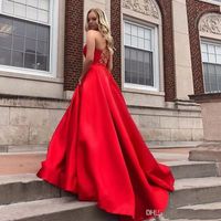 Wholesale Simple Red Prom Dresses With Beaded Pockets V Neck Spaghetti Straps Satin Vestido De Formatura Diamonds Sweep Train Women Formal Party Dress