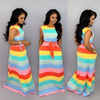 Wholesale Women Rainbow Striped Dress Fashion Designer Short Sleeve Women Color Pabnelled Dresses Summer Long Dress with Sashes