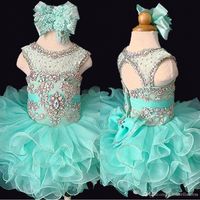 Wholesale Cheap Mint Little Girl Baby Miss Glitz Cupcake Pageant Dress Scoop Neck Beaded Crystal Bow Knot First Communion Gowns Flower Girls Dress
