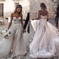 élégant Bohème Robes De Mariée 2020 Applique 3d Floral Dentelle Chérie Blanc D Ivoire Une Ligne Longue Boho Robes De Mariée Robes
