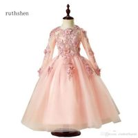 Wholesale 2019 Pink Tulle Ball Gowns Girls Pageant Dresses Embroidery Jewel Gold Sequin Bow Children Birthday Party Flower Little Girl Dress