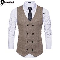 Wholesale Vintage Brown tweed Vests Wool Herringbone British style custom made Mens suit tailor slim fit Blazer wedding suits for men