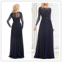 Wholesale 2019 Top Selling Elegant Navy Blue Mother of The Bride Dresses Chiffon See Through Long Sleeve Sheer Neck Appliques Sequins Evening Dress
