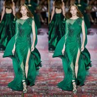 Wholesale New Collection Dark Green Evening Dresses Long Sleeve Crew Neck Chiffon Sweep Train Formal Occasion Prom Event Party Gowns