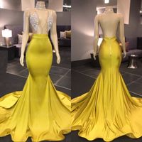 Wholesale Yellow Gold Prom Dresses Sexy V Neck Sleeveless Mermaid Halter Open Back Sweep Train Formal African Evening Dress