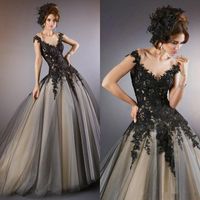 Wholesale 2019 Elegant Ball Gown Evening Dresses Sheer Black Lace Appliques Formal Prom Gowns Custom Made Floor Gothic Pageant Party Dresses
