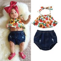 Wholesale Sleeveless Summer Sunflower Halter Tops Denim Shorts Girls Clothing Cotton Cute Newborn Toddler Kids Baby Girl Clothes Set