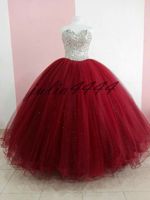Wholesale 2019 Hot Sale Ball Gown Quinceanera Dresses Long Red Organta Appliques Beaded Cap Sleeves Puffy Sweet Dress Custom Made
