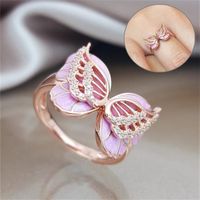 Wholesale Exquisite Pink Butterfly Rings for Women European Rose Gold Color Plated Banquet Party Rings with Cubic Zirconia Jewelry