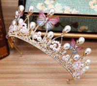 Wholesale Vintage Gold Headpieces Wedding Crown Alloy Bridal Tiara Baroque Queen King Crown gold color Pearls Butterfly tiara and crown Cheap