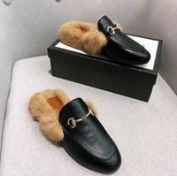 Wholesale Fashion Designer Women Fur Slippers Loafers Genuine Leather Mules Princetown Female White Black metal chain Casual Flat Shoes Slippers