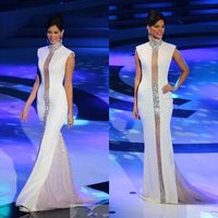 Wholesale White Tulle Mermaid Cheap Formal Prom Dresses High Neck Miss Universe Pageant Evening Dresses Crystals Celebrity Gowns Sleeveless