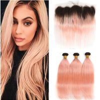 Wholesale Ombre Rose Pink Human Hair Bundles with Frontal Straight B Pink Ombre Peruvian Hair with Lace Frontal x4 Ombre Rose Gold Weave Wefts