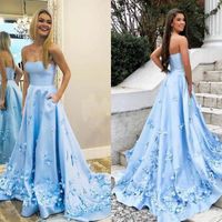 Wholesale Chic Sky Blue Prom Dresses Butterfly Appliques Graduation Party Gowns With Pockets Satin Long Evening Dresses