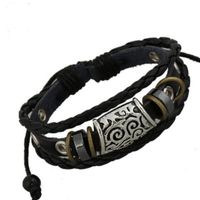 Wholesale Punk Men s Braided Leather Chain Strap Cuff Bracelet Antique Silver Plated Tattoo Circle Bead Charm Bracelet Vintage Rope Bangle