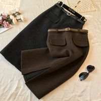 Wholesale New design women s high waist with belt solid color woolen thickening vent jag knee length pencil skirt plus size S M L XL XXL