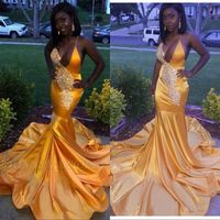 Wholesale Black Girls Gold Mermaid Prom Party Dresses New Open Back Sweep Strain Lace Deep V neck Spaghetti Formal Evening Gowns