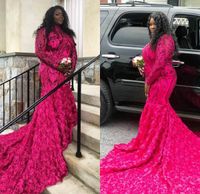 Wholesale 2020 Fuchsia Mermaid Plus Size Prom Dresses High Neck Lace Formal Dress Sweep Train Ruffled Long Sleeves Evening Gowns