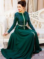 Wholesale dark Green Muslim Moroccan Kaftan Formal Evening Dresses long sleeves for Women Lace Appliques Dubai Saudi Mother Dresses with Long Sleeve