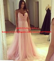 Wholesale Sexy Blush Pink Tulle Long Evening Dresses Spaghetti Straps Lace A Line Formal Evening Dress vestidos de fiesta Sweet Party Gowns
