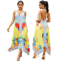 Wholesale Ethnic style Floral Print Summer Boho Dresses Spaghetti Strap Backless Long Beach Dress Casual Yellow Deep V Sleeveless Loose Maxi Dress