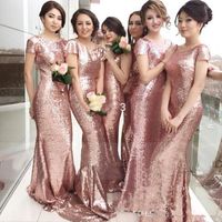 Wholesale 2020 Rose Pink Sequined Mermaid Bridesmaid Dresses With Capped Sleeves Customize Long Maid Of Honor Dress Formal Party Gown