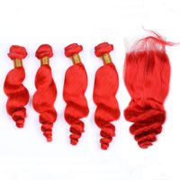 Wholesale Indian Virgin Human Hair Pure Red Loose Wave Bundles and Closure Bright Red Loose Wavy Human Hair Weaves with x4 Lace Closure Piece