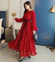 Wholesale Elegant Runway Autumn Long Party Dresses Women Chiffon Ruffles Red Full Lantern Sleeve Maxi Dress Fashion Belt Dress