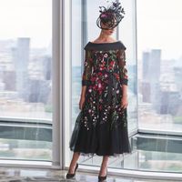 Wholesale Graceful A Line Embroidery Prom Dresses Portrait Neck Three Quarter Sleeve Black Evening Gowns Tulle Tea Length Formal Dress