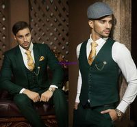 Wholesale Hot Recommend Dark hunter emerald Green Groom Tuxedos Notch Lapel Men Blazer Prom Suit Business Suit Jacket Pants Vest Tie Kerchief