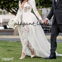Wholesale 2020 Lace Applique Brides Outfit Wedding Jumpsuit with Train Luxury Designer Long Sleeve Peplum Garden Outdoor Bride Wedding Gown