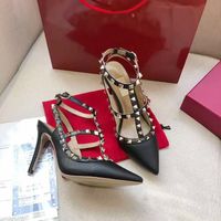 Wholesale Woman High Heels Sandals Ankle Straps Rivets Slippers Matte Leather Heel Pointed Toe Studs Slipper Fashion Sexy Dress Sandal With Box