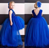 Wholesale High Low Royal Blue Girl Pageant Dress Little Miss Ball Gown Tutu Short Front Long Back Kids Birthday Wedding Party Gowns