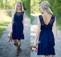 Wholesale New Arrival Country Style Royal Navy Blue Short Bridesmaid Dresses Chiffon Lace Cheap Jewel Backless Knee Length Weddings Guest Dress