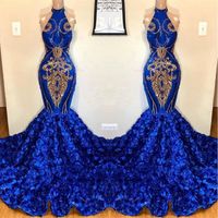 Wholesale Royal Blue Keyhole Mermaid Prom Dresses Rose Flowers Long Chapel Train Sheer Neck GOld Applique Beads African Evening Gown BC1213
