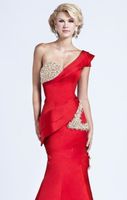 Wholesale New Gorgeous Evening Dresses One Shoulder Short Sleeve Red Satin Crystal Beads Glitter Mermaid Sweep Train Draped Peplum Formal Prom Gowns