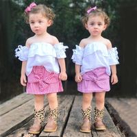 Wholesale Baby girl outfits Set Sexy off shoulder White top Plaid skirt Clothing Sets kids boutique Clothes